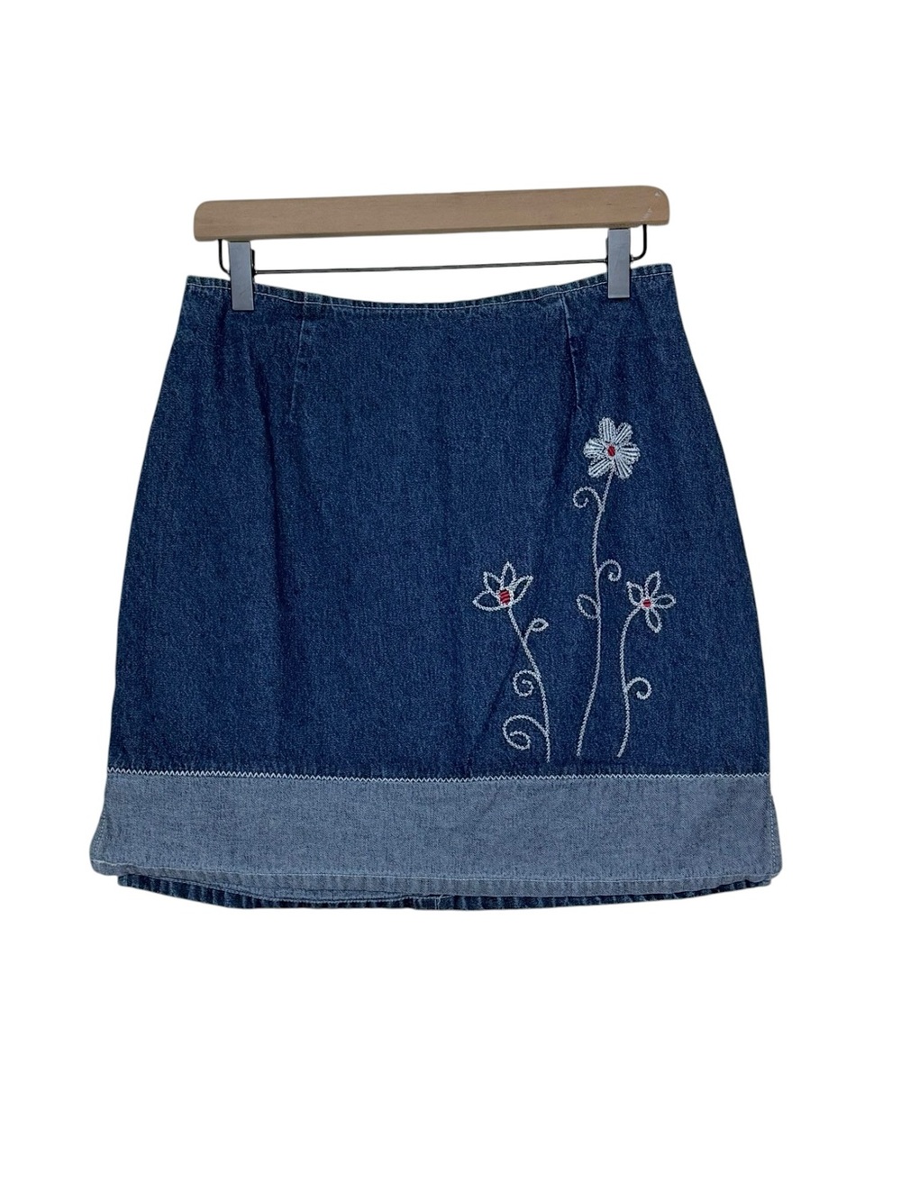 Vintage Y2K Route 66 Embroidered Floral Colorblock Denim Skirt W29 90s Cute